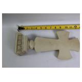 Decorative Collection: Cross Statue, Bird Figurine, and Glass Paperweights