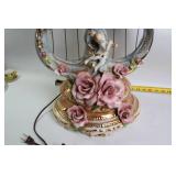 Vintage Porcelain Table Lamp with Floral and Cherub Design