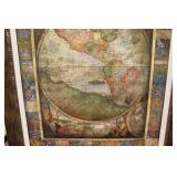 Framed Antique-Style World Map Print with Ornate Details