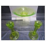 Vaseline Glass Bowl & Candle Holders