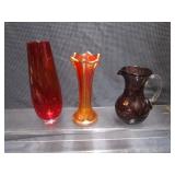Vases: 7" Red With Heavy Clear Bottom