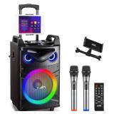 Brand New Moukey Karaoke Machine, Wood Pattern 10" Woofer Portable PA System, Bluetooth Speaker with 2 Wireless Microphones, Tablet Holder & Party Lights, Echo/Treble/Bass Adjustment Support REC/AUX/U