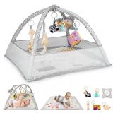 New 6-in-1 Baby Play Gym Activity Center, Portable Baby Activity Mat with 6 Removable Toys for Motor Skills & Sensory Development, Baby Tummy Time Play Mat for 0-18 Months, Easy Clean & Assemble Grey 