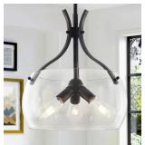 Brand New 15.7" Farmhouse Style Round Glass Chandelier, 3-Light Modern Black Chandelier with Clear Glass Shade $179.99 Retail *N