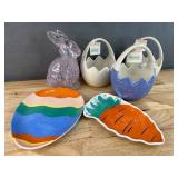 Brand New Easter Glass Standing Purple Bunny, 3 Cracked Egg Baskets, Egg Plate and Carrot Plate *N