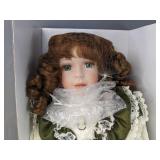 New 1st Impressions Porcelain Doll with Green Dress and Bonnet *B