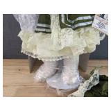 New 1st Impressions Porcelain Doll with Green Dress and Bonnet *B