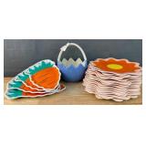 Brand New 16 Plastic Flower Plates, 4 Plastic Carrot Plates and 1 Easter Cracked Egg Ceramic Basket *N