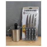 Brand New Farberware 4 Piece 4.5" Knife Set and BBQ Basting Pot with Brush Lid *N
