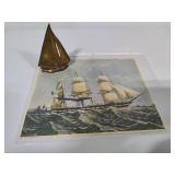 Small Brass Sailboat Paperweight & Sailboat Print