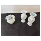 Set of 3 Fenton Coin Dot Opalescent Glass Vases