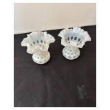 Pair of Fenton Coin Dot Glass Vases with Ruffled Edges