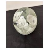 Clear Glass Paperweight with White Floral Design