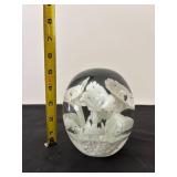 Clear Glass Paperweight with White Floral Design