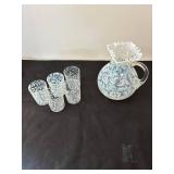 Opalescent Fern & Daisy Glass Pitcher with 5 Matching Tumblers Set