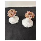 Set of 2 Fenton Spanish Lace Milk Glass Candle Holders with Floral Accents