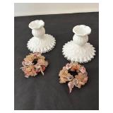 Set of 2 Fenton Spanish Lace Milk Glass Candle Holders with Floral Accents