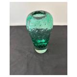 Emerald Green Art Glass Vase with Etched Design