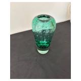 Emerald Green Art Glass Vase with Etched Design