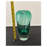 Emerald Green Art Glass Vase with Etched Design