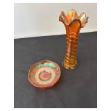 Vintage Carnival Glass Vase and Bowl Set