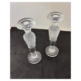 Pair of Elegant Frosted Athena Pattern Glass Candlestick Holders