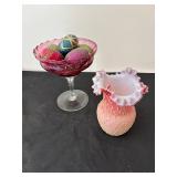 Decorative Pair: Pink Ruffled Vase and Ruby Glass Candy Dish with Ornamental Eggs