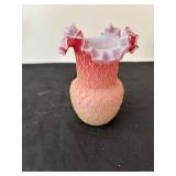 Decorative Pair: Pink Ruffled Vase and Ruby Glass Candy Dish with Ornamental Eggs