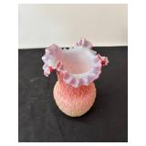 Decorative Pair: Pink Ruffled Vase and Ruby Glass Candy Dish with Ornamental Eggs