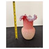 Decorative Pair: Pink Ruffled Vase and Ruby Glass Candy Dish with Ornamental Eggs