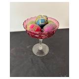 Decorative Pair: Pink Ruffled Vase and Ruby Glass Candy Dish with Ornamental Eggs