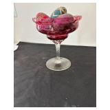Decorative Pair: Pink Ruffled Vase and Ruby Glass Candy Dish with Ornamental Eggs