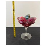 Decorative Pair: Pink Ruffled Vase and Ruby Glass Candy Dish with Ornamental Eggs
