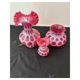 Set of 3 Fenton Cranberry Opalescent Coin Dot Vases