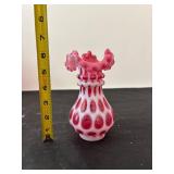 Set of 3 Fenton Cranberry Opalescent Coin Dot Vases