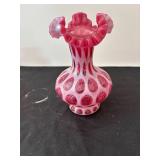 Set of 3 Fenton Cranberry Opalescent Coin Dot Vases