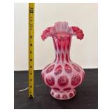 Set of 3 Fenton Cranberry Opalescent Coin Dot Vases