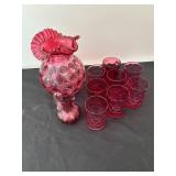 Vintage Fenton Cranberry Glass Coin Dot Pitcher Set with Glasses