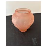 Antique Pink Frosted Glass Vase with Floral Relief Design