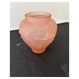 Antique Pink Frosted Glass Vase with Floral Relief Design