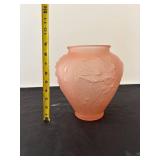 Antique Pink Frosted Glass Vase with Floral Relief Design