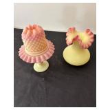 Set of 2 Fenton Burmese Glass Fairy Lamp and Ruffled Vase