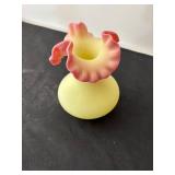 Set of 2 Fenton Burmese Glass Fairy Lamp and Ruffled Vase