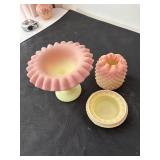 Set of 2 Fenton Burmese Glass Fairy Lamp and Ruffled Vase