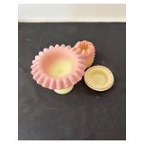 Set of 2 Fenton Burmese Glass Fairy Lamp and Ruffled Vase