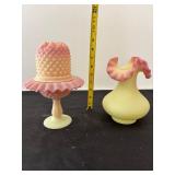 Set of 2 Fenton Burmese Glass Fairy Lamp and Ruffled Vase