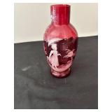 Vintage Cranberry Glass Vase with Etched Victorian Design