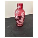 Vintage Cranberry Glass Vase with Etched Victorian Design