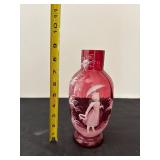Vintage Cranberry Glass Vase with Etched Victorian Design