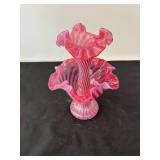 Fenton Art Glass Cranberry Opalescent Swirl Epergne Vase